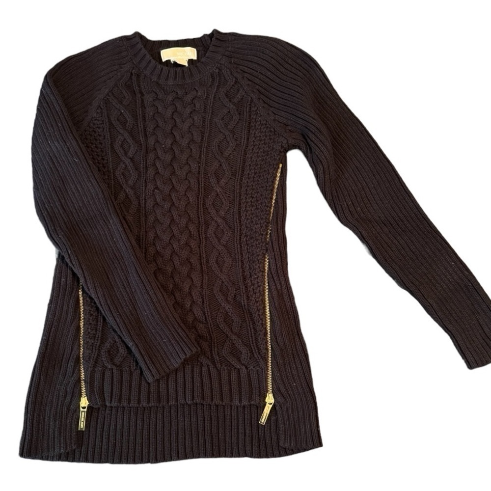 Michael Kors Cable Knit Zipper Sweater, Navy Blue, Size Medium
